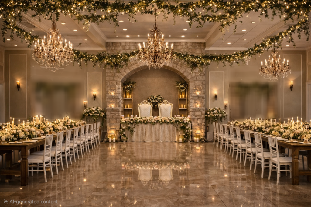 remodeled wedding venue, sweetheart table, head table, chandelier, greenery, romantic, natural light, dimmable lighting