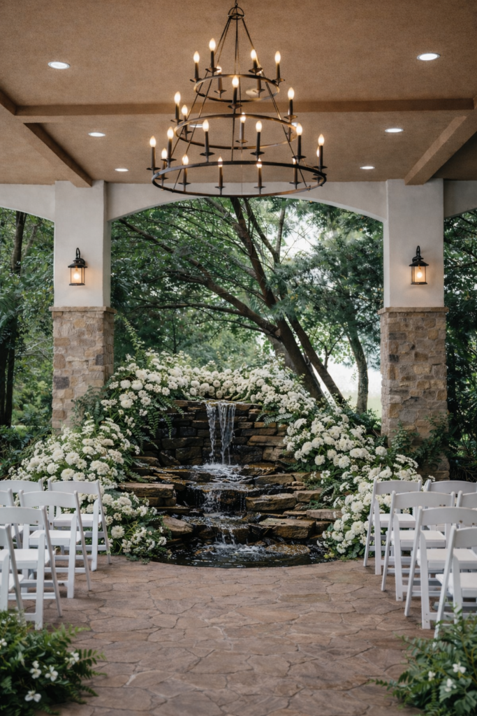 waterfall with oversize florals, covered garden, outdoor wedding, rain back up, wedding ceremony, runway seating, garden wedding