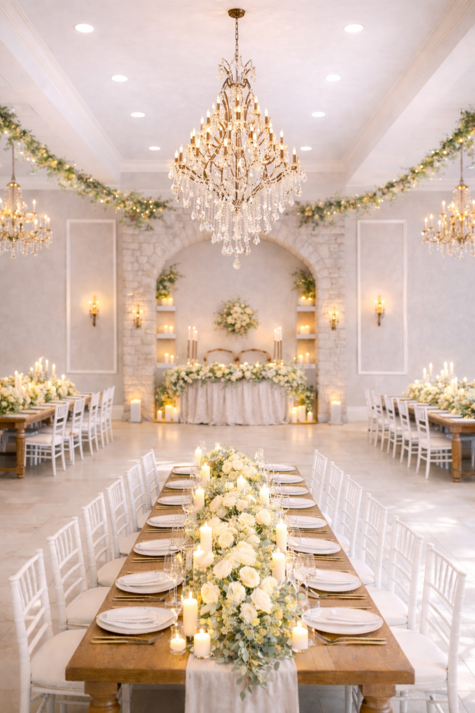 New Wedding Venue, Premier Wedding Venue, Elevated and luxurious, expensive-looking. large chandelier, wood tables, long tables, chiavari chairs, glow, candles, head table, bridgerton feel