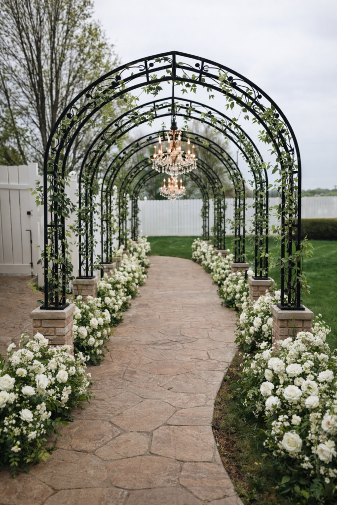 wedding entrance, arch walkway, arches, florals, chandeliers, wow factor, outdoor wedding, garden wedding