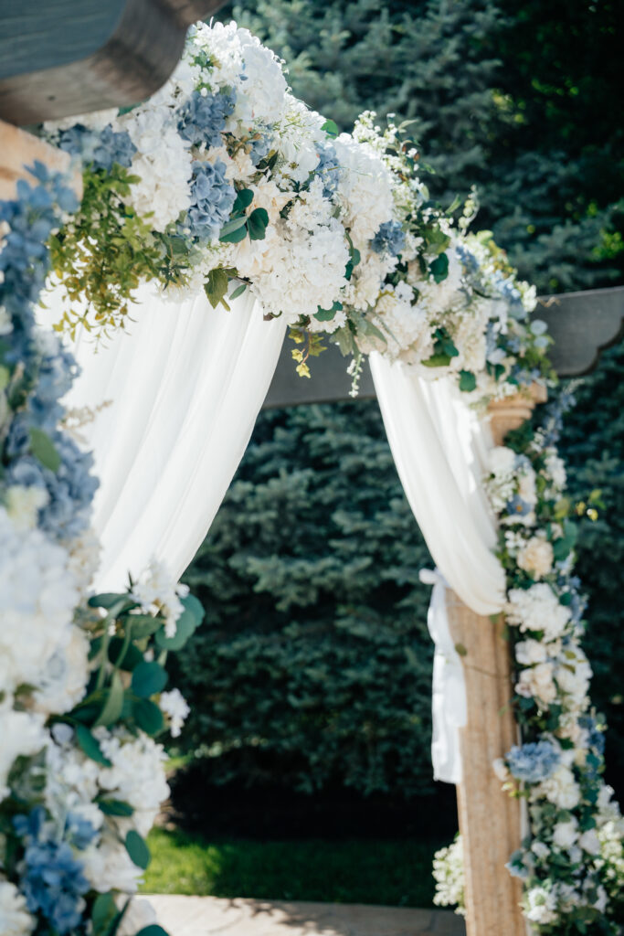 florals for wedding ceremony, pergola, garden wedding, fabric, romantic, kansas city venue